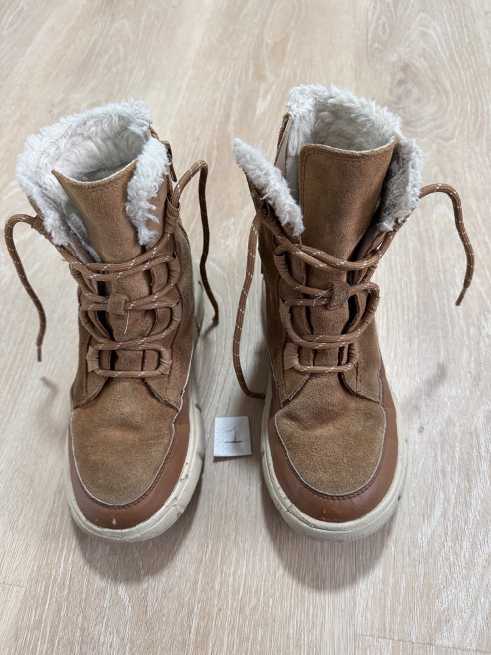 Sorel Tan and Cream Suede Lace-Up Cozy Boots